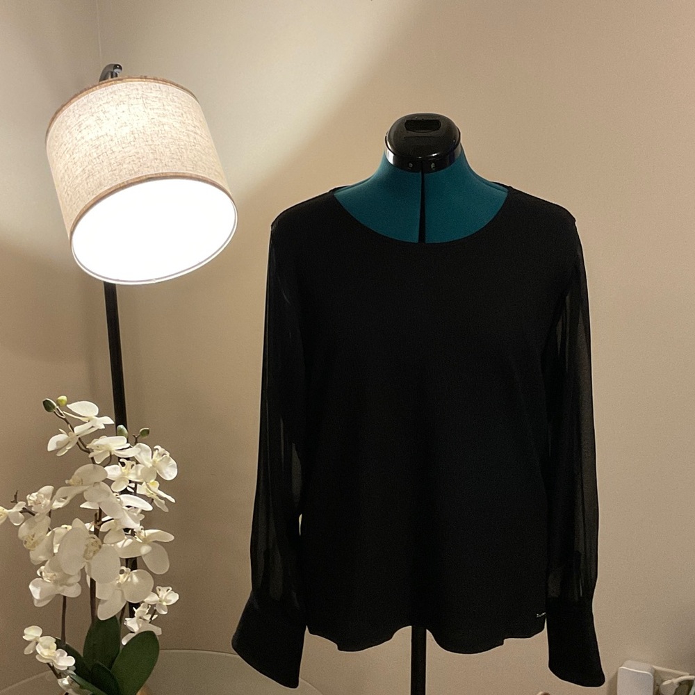 Calvin Klein Black Blouse with Sheer Sleeves